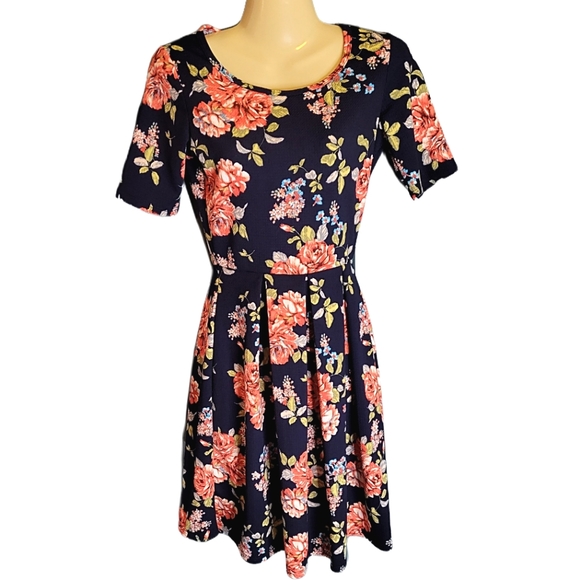 NAVY & ORANGE FLORAL PLEATED A-LINE DRESS - Picture 3 of 7